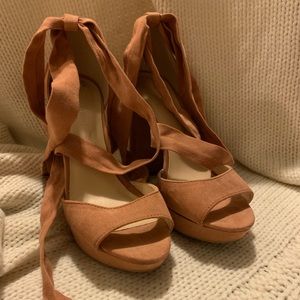 Salmon Ballet Style Wrap Block Heels